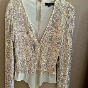 Privy Lined Ivory Iridescent Sequined Sparkling Bodysuit Lowcut V-Neck Small